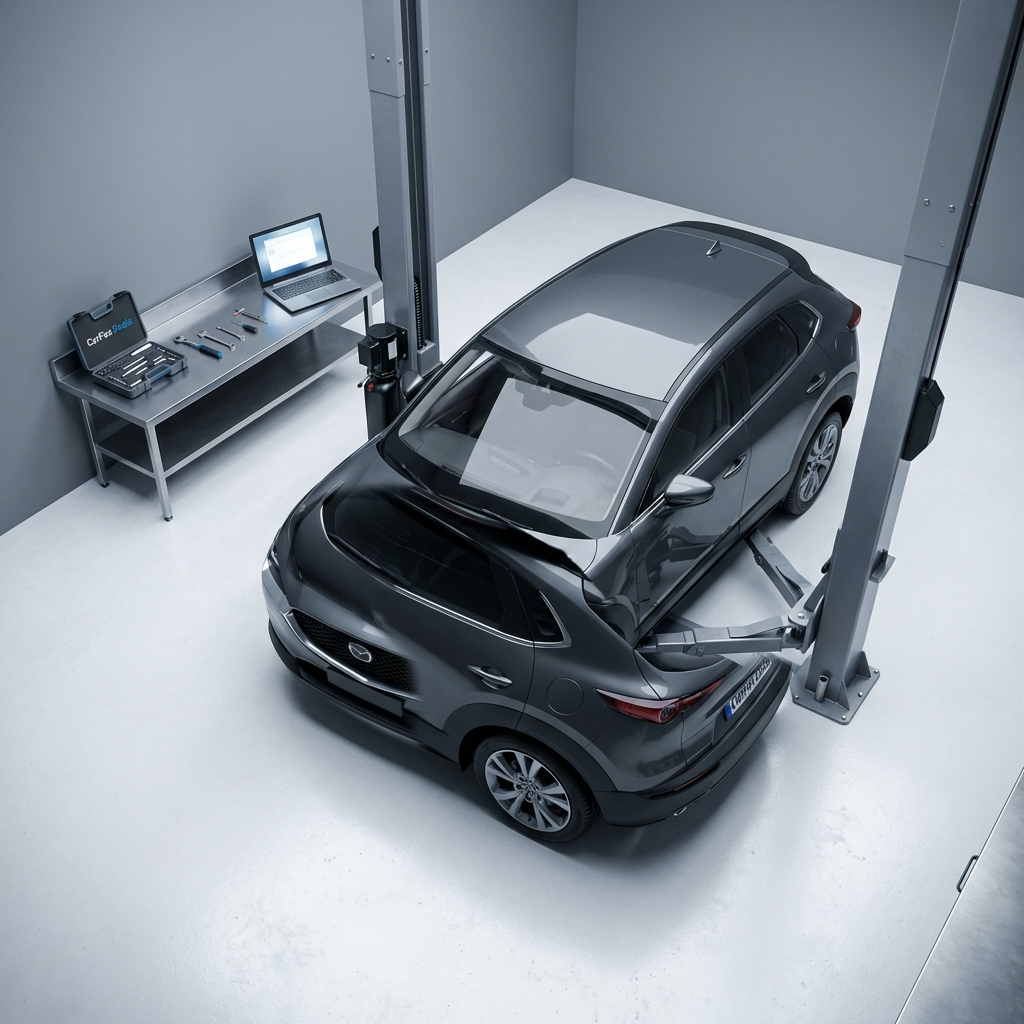Top down full frame photo of a compact crossover on a lift in a clean service bay with diagnostic laptop and tool case with blue accent kia vs mazda comparison