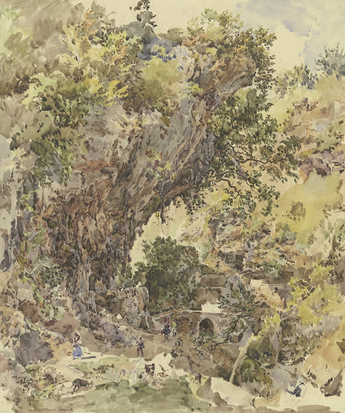 Gebirgslandschaft mit einer Brücke und vielen Figuren links eine großartige Fels