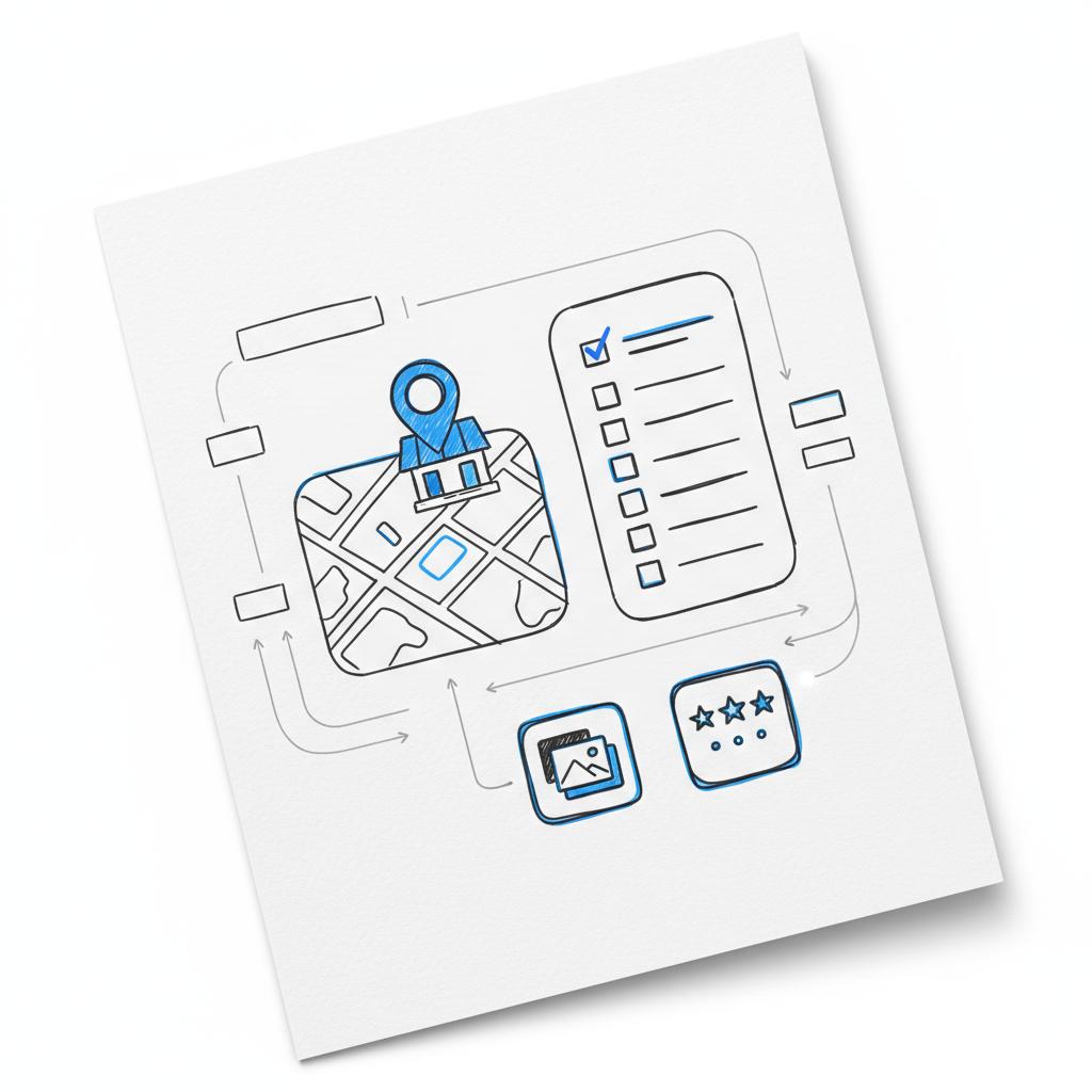 Sketch-style planner close-up showing a storefront map pin, visual profile setup checklist (no legible text), and small photo and review icons &mdash; Google Business Profile cost