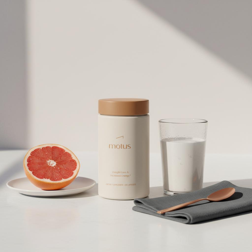 Minimalist still-life of Tonum Motus supplement bottle beside a protein shake and halved grapefruit on a kitchen counter, promoting creatine for weight loss in a calm lifestyle setting.