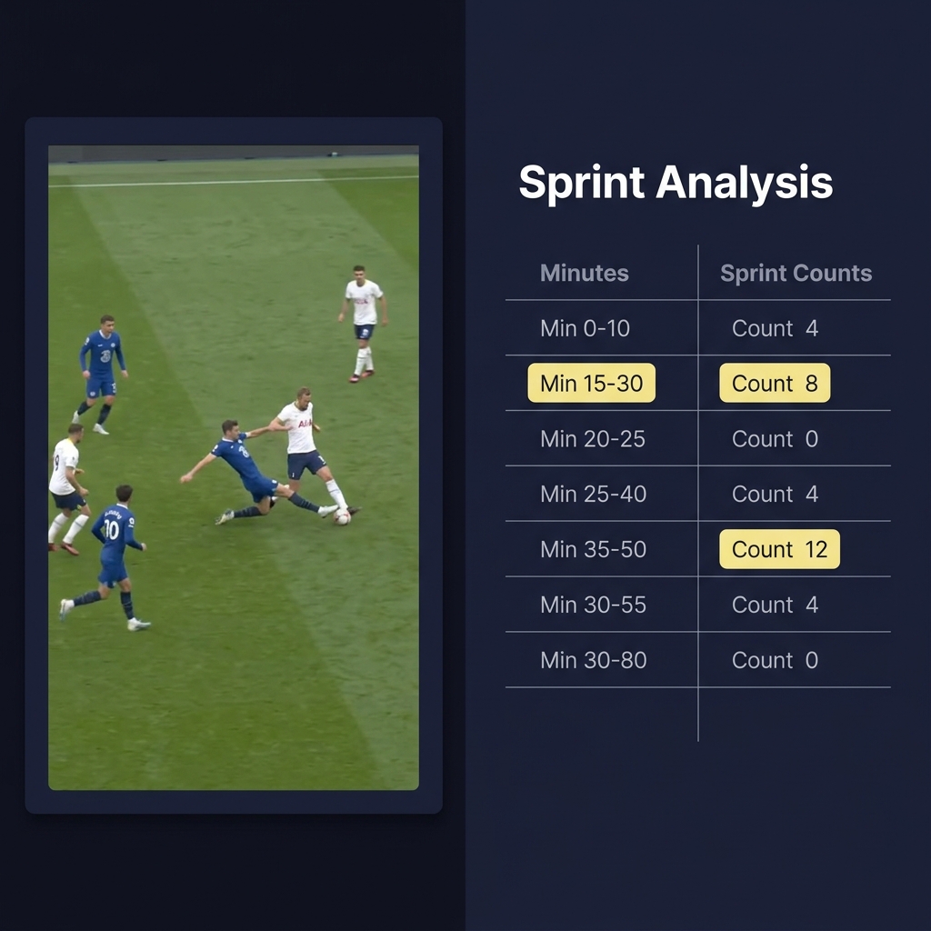 Split screen with match video on left and a simple tracking spreadsheet listing minutes and sprint counts on right for Evaluating Players After Long Breaks