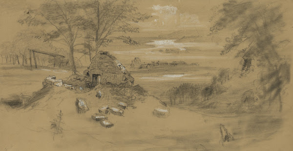 Ruined dwelling town in distance 1860 1865