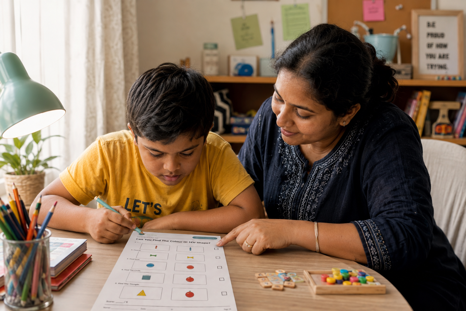 Indian parent supporting a learner with a structured Able Marga functional worksheet at home