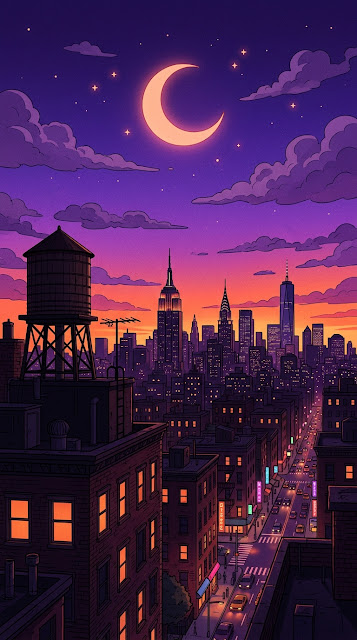 Anime Style New York City Apartment Buildings at Sunset - Free mobile Wallpaper