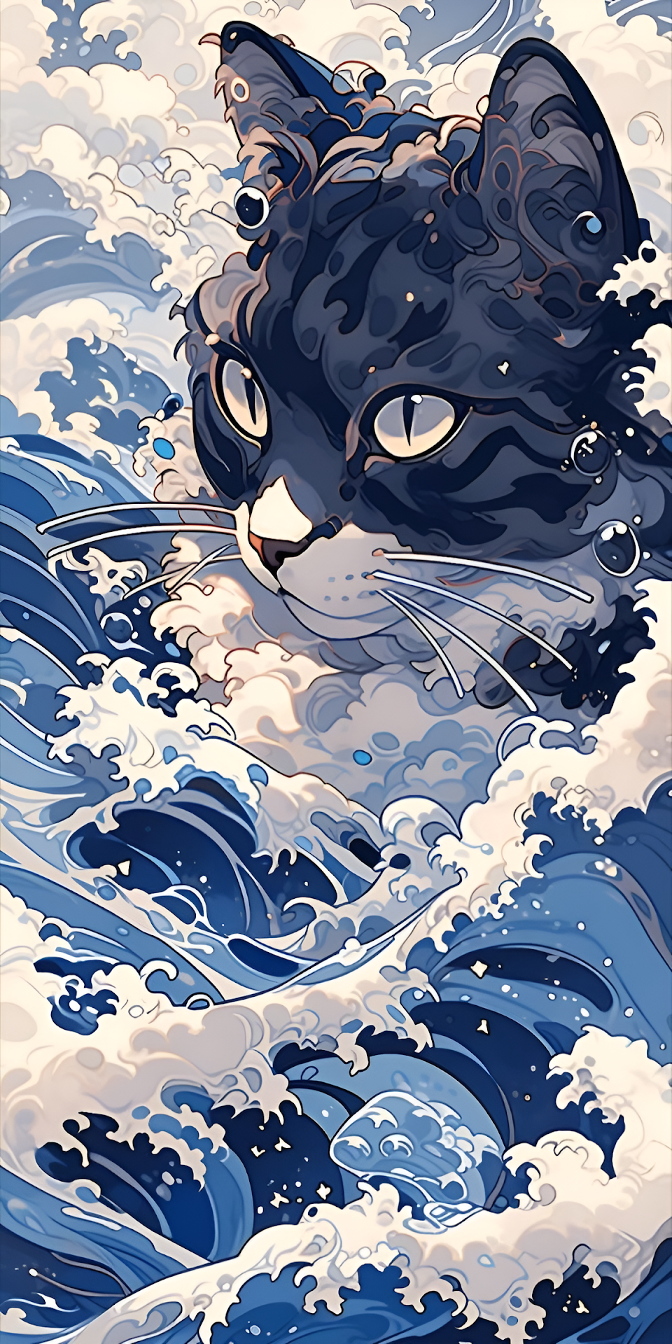 Great Wave Off Kanagawa Style Cat Ukiyo e Art - Free 4K mobile Wallpaper