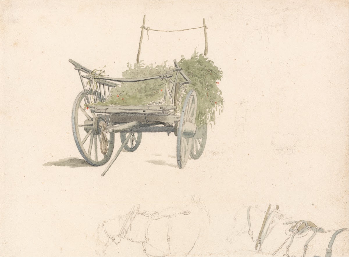 A Wagon With Hops and Two Sketches of Horses