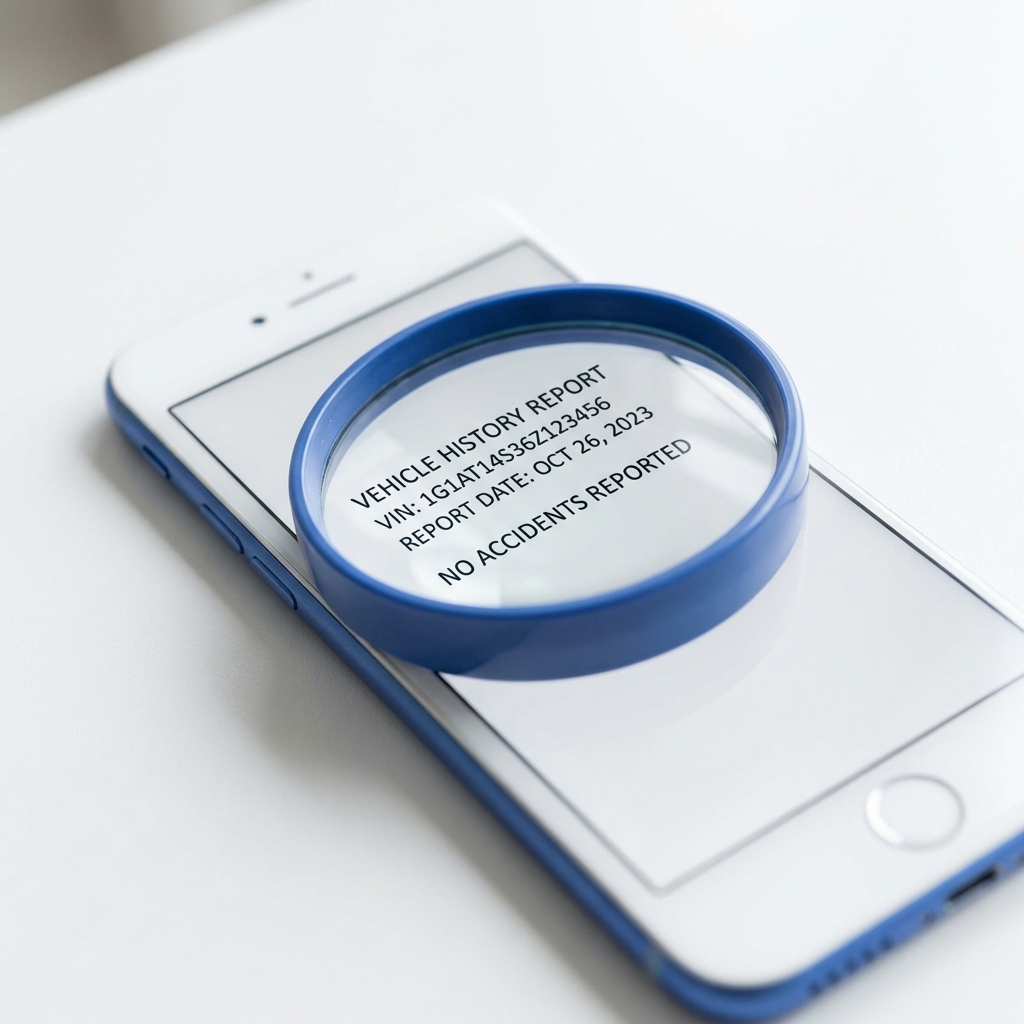 Close up smartphone showing vehicle history report with magnifying glass highlighting details minimalist editorial photo carmax used cars for sale