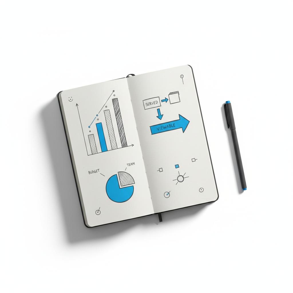 Top-down notebook sketch illustrating Google Ads CPM: bar chart for CPM tiers, arrow showing served-to-viewable flow, and pie chart for audience split with #1a5bfb highlights.