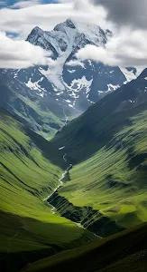 Dramatic Green Mountain Valley Below Snow Covered Peak