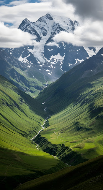 Dramatic Green Mountain Valley Below Snow Covered Peak - Free mobile Wallpaper