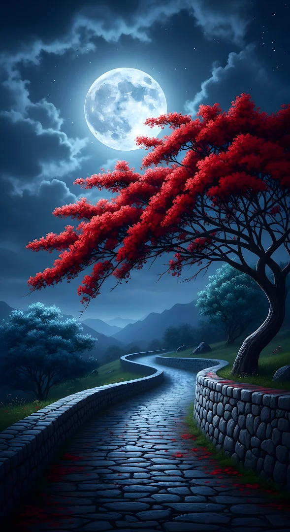 Moonlit Winding Path with Vivid Red Maple Tree at Night
