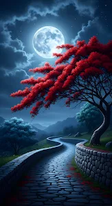 Moonlit Winding Path with Vivid Red Maple Tree at Night
