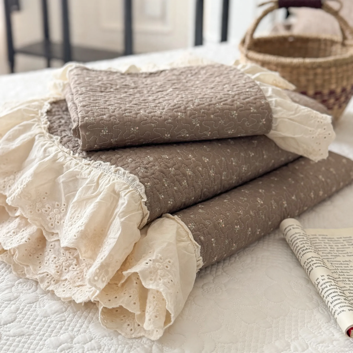 Cotton bedspread with lace trim, quilted