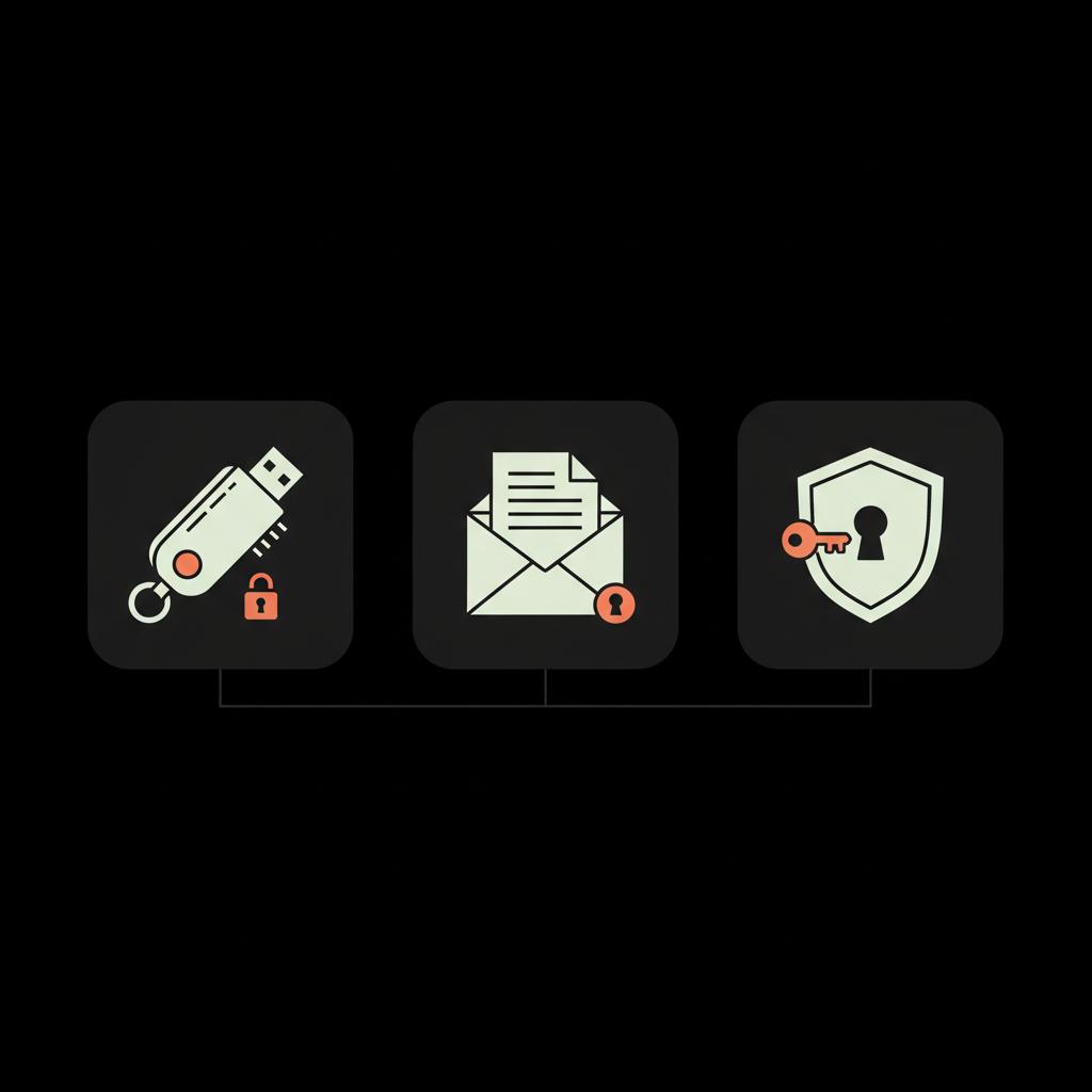 Minimal 2D vector infographic of a hardware security key, printed backup codes in an envelope, and a password manager vault icon on a black background — reset password best practices.