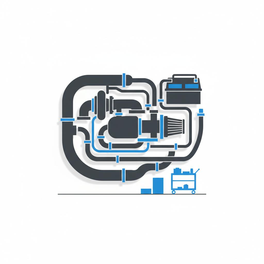 Top down minimalist 2D vector illustration of a generic Chevy engine bay showing hoses turbocharger and battery highlighting common chevy problems with white background and blue brand accents