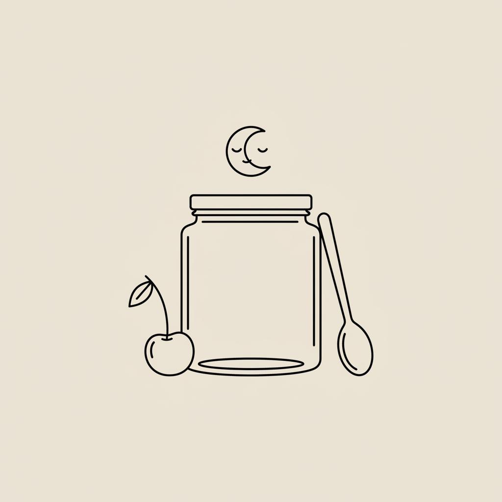 Minimalist Tonum-style line illustration of a jar, spoon, cherry and sleeping moon on beige background, visually referencing what burns fat while you sleep.