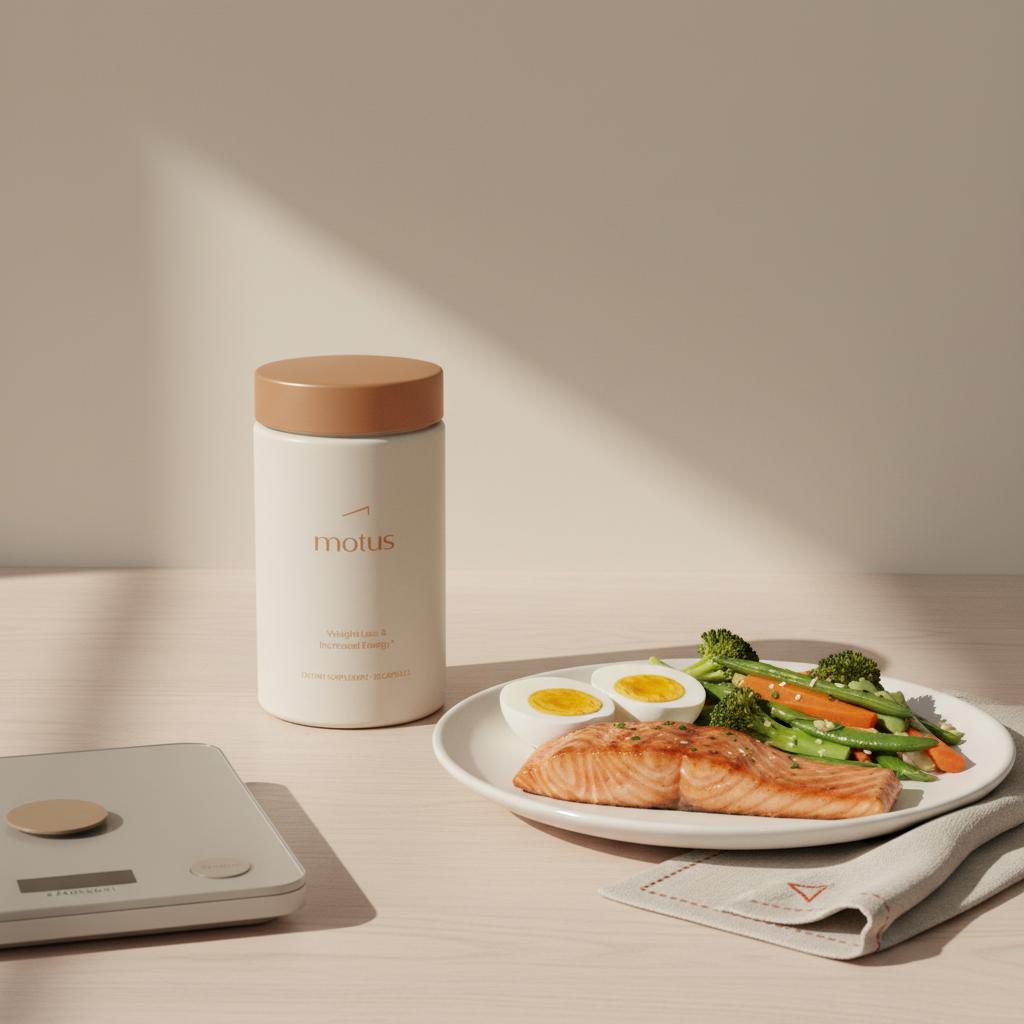 Tonum Motus supplement bottle beside a measured plate of grilled salmon, boiled eggs and mixed vegetables on a light wooden countertop for metabolic reset