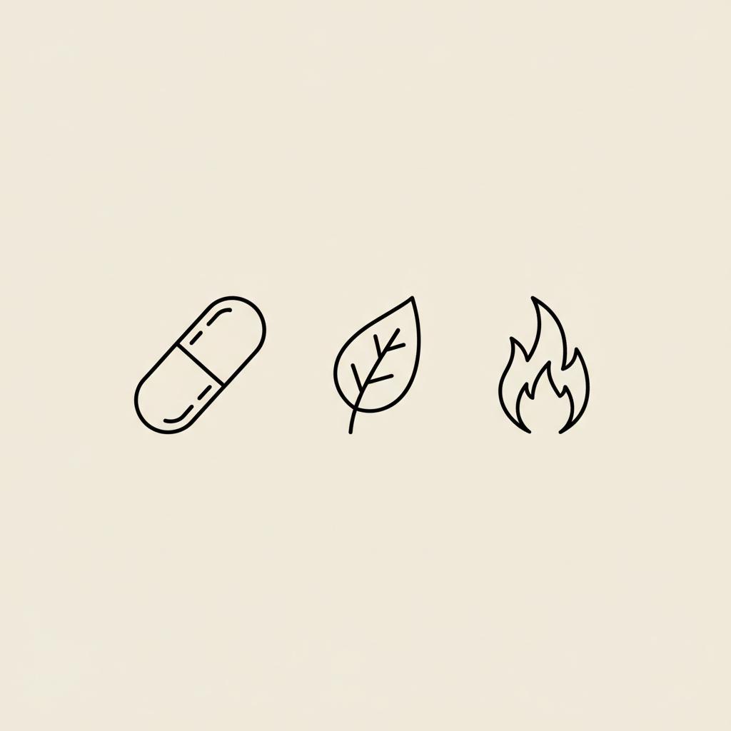 Minimalist vector line illustration of a capsule, leaf and stylized metabolic flame on beige background representing ALA for weight loss