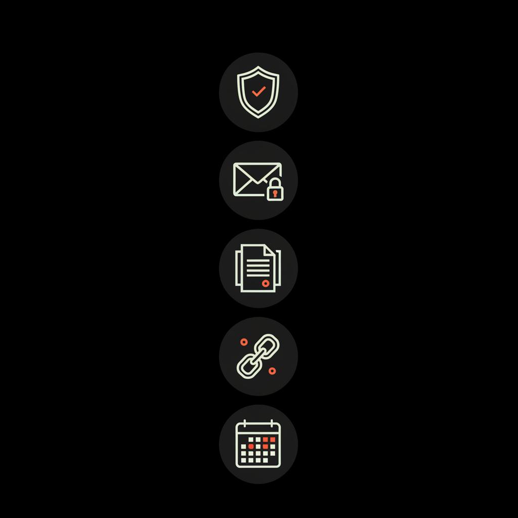 Minimal 2D vector checklist for IG verification price with icons for 2FA, secure email, documents, press links and calendar on black background, brand colors.