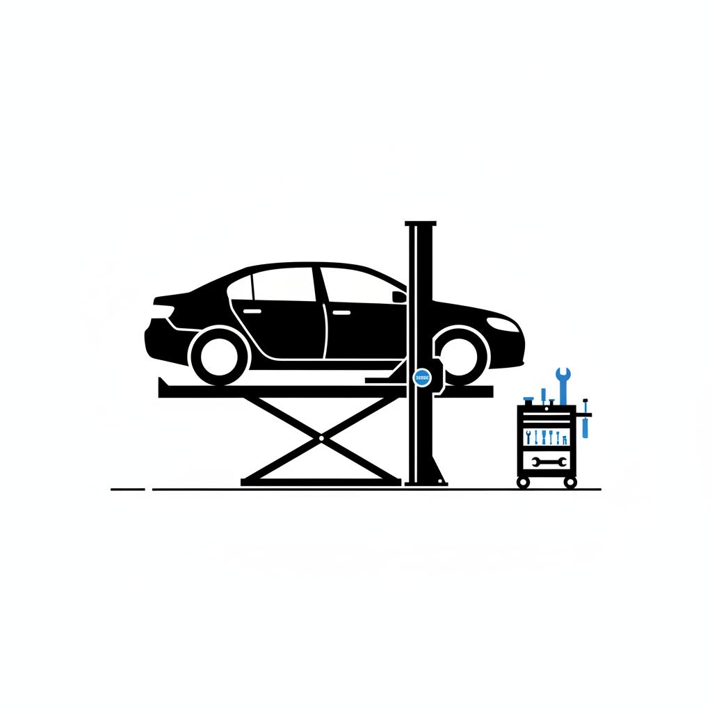 Minimalist vector garage scene of a mid size sedan on a lift with neatly arranged tools and a blue 3666ed accent sticker and wrench for cheapest longest lasting car article
