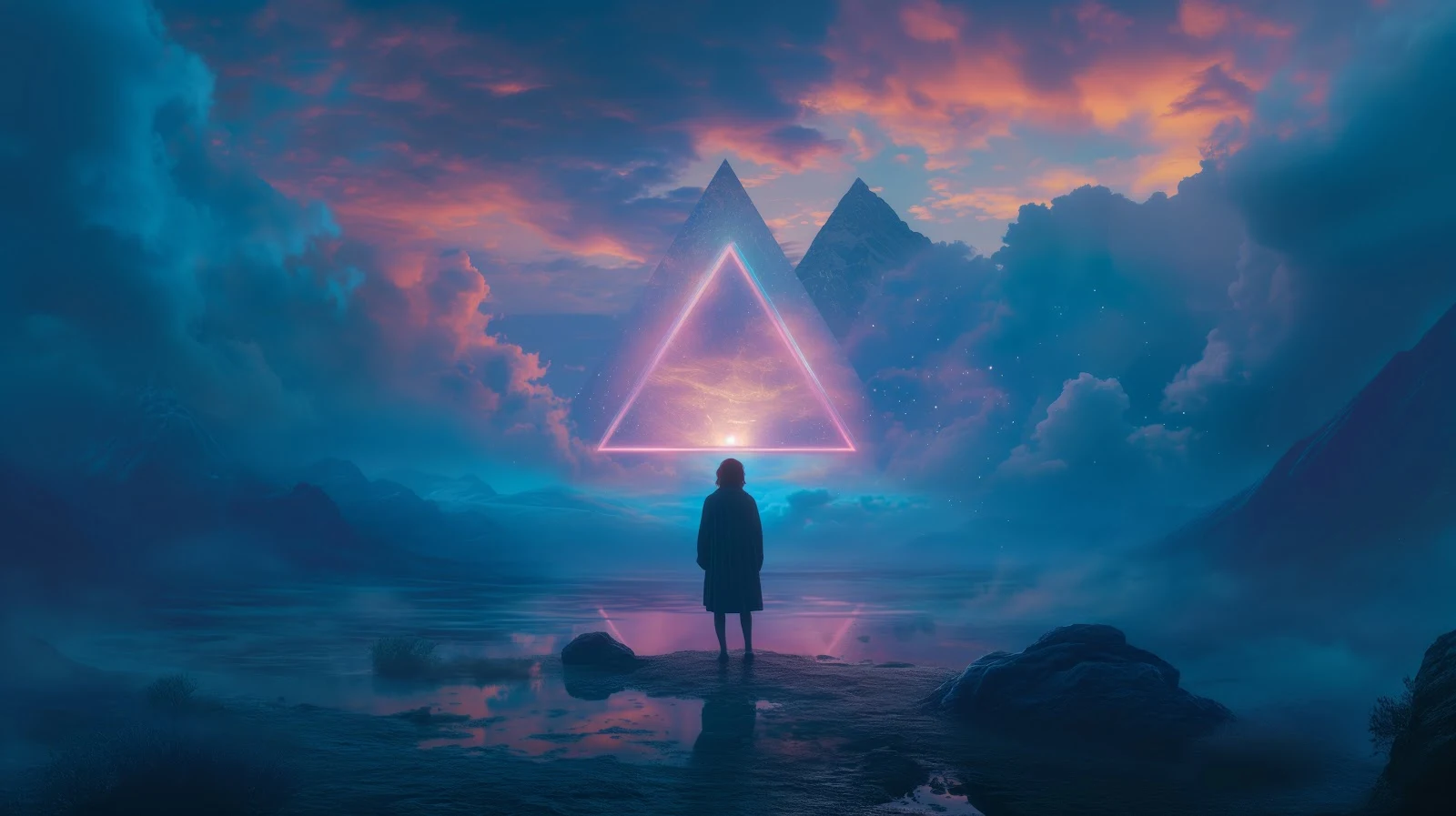 A Stunning Ai Art, Neon, Synthwave, Triangle, Clouds 5K Desktop and Mobile Wallpaper Background (5824x3264)
