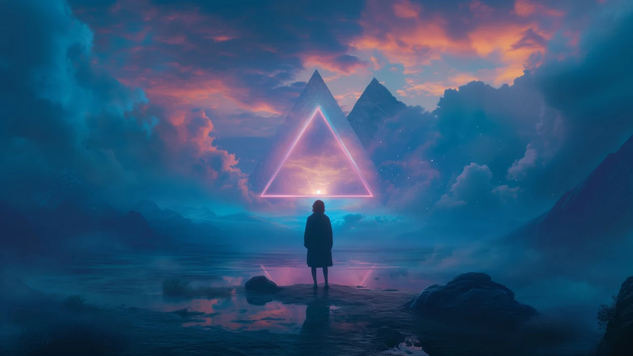 Ai Art, Neon, Synthwave, Triangle, Clouds 5K Desktop Wallpaper