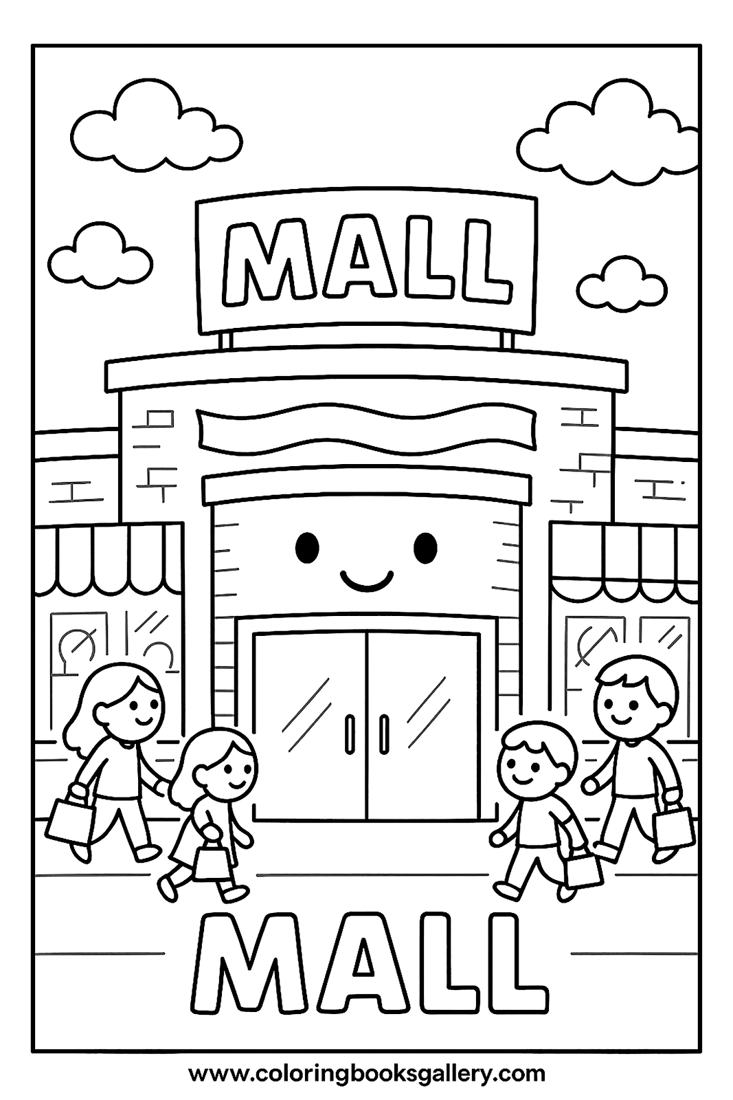 Fun coloring page to learn the English word 'Mall' for kids – printable coloring page