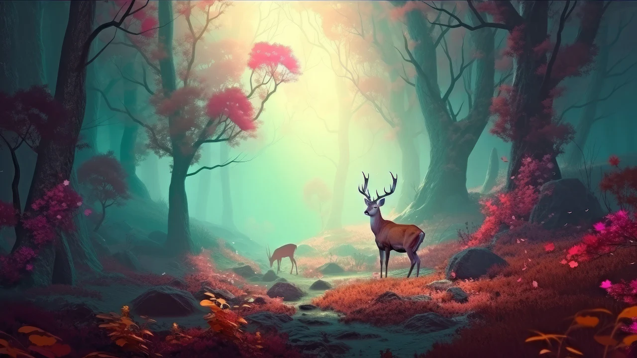 Ai Art, Illustration, Forest, Deer, Trees 4K Wallpaper