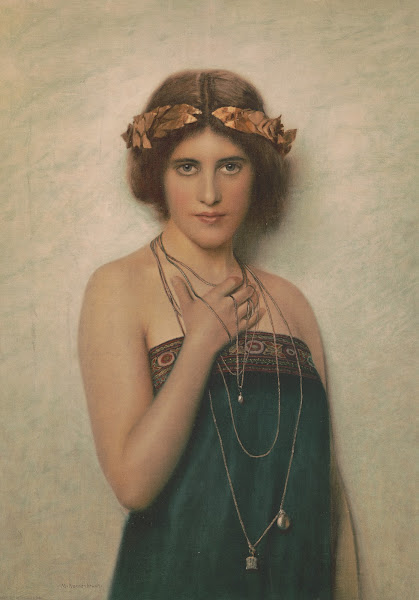 Woman with green dress and silver necklaces with pendants 1909