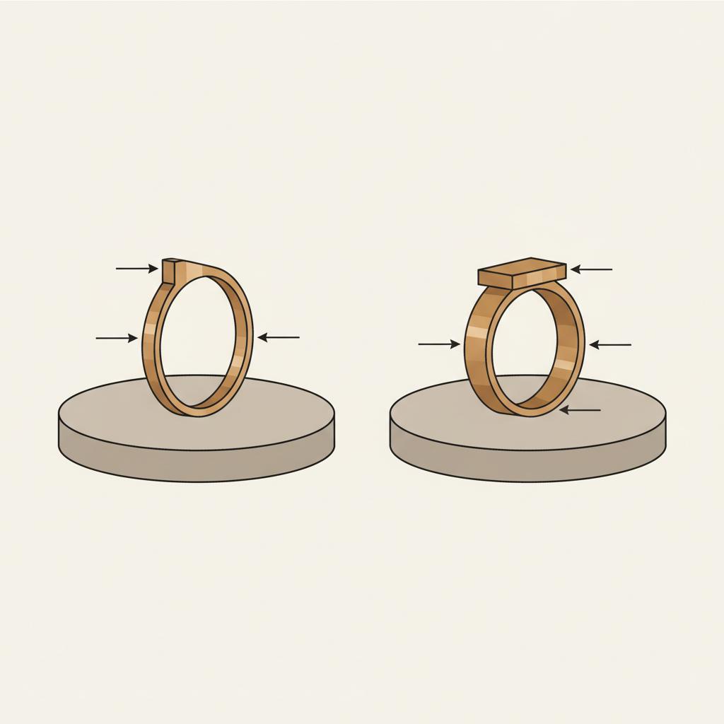Side by side 2D vector of two Ancient Rings a thin D shaped bronze hoop and a broad Roman band on neutral pads with arrows pointing to bezel and hoop features
