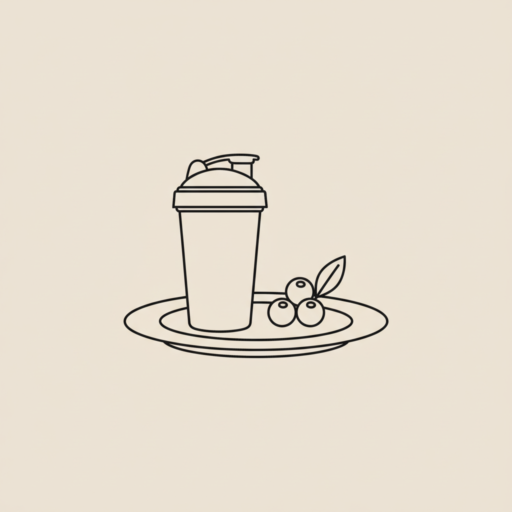 Tonum-style minimalist line illustration of a plate with a shaker bottle and berries on beige background representing best meal replacement powder