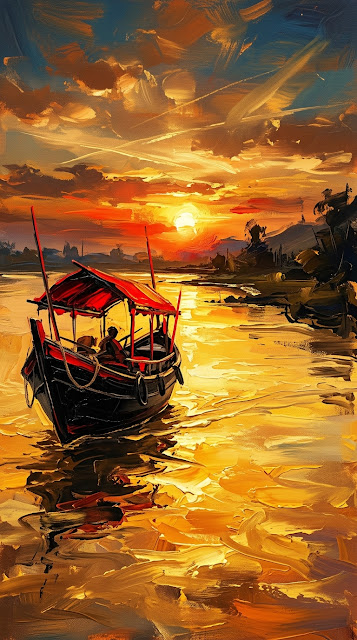 Expressive Abstract Painting of a Traditional Boat at Sunset - Free mobile Wallpaper