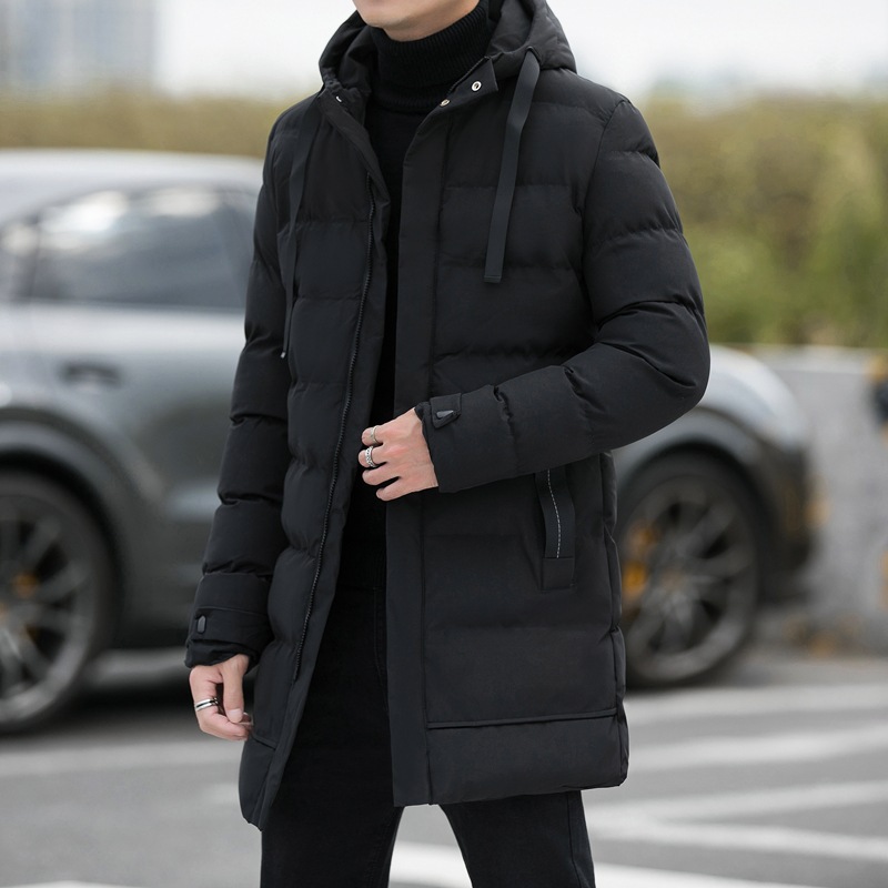 Men's winter coat, medium length, with hood and down filling