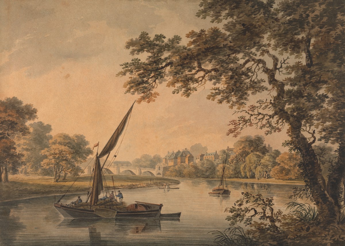 A Bridge over the Thames with sailing barges in the foreground 1758 1793
