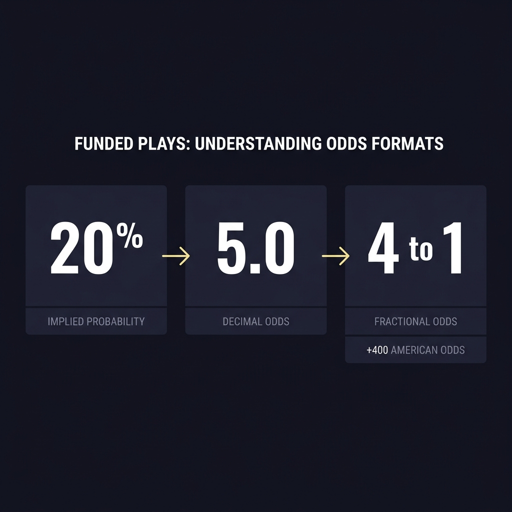 Minimal full frame infographic showing 20 percent converted to 5.0 decimal odds 4 to 1 fractional odds and plus 400 American odds with step arrows on Funded Plays dark brand background odds to percentage calculator