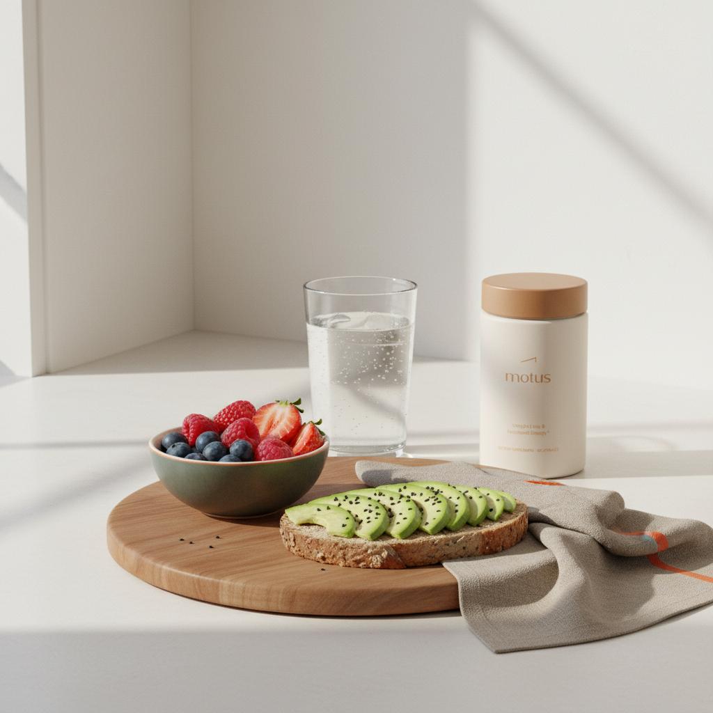 Minimalist kitchen breakfast with whole-grain toast, avocado, berries and Motus supplement jar subtly placed on the counter for stage 1 liver failure