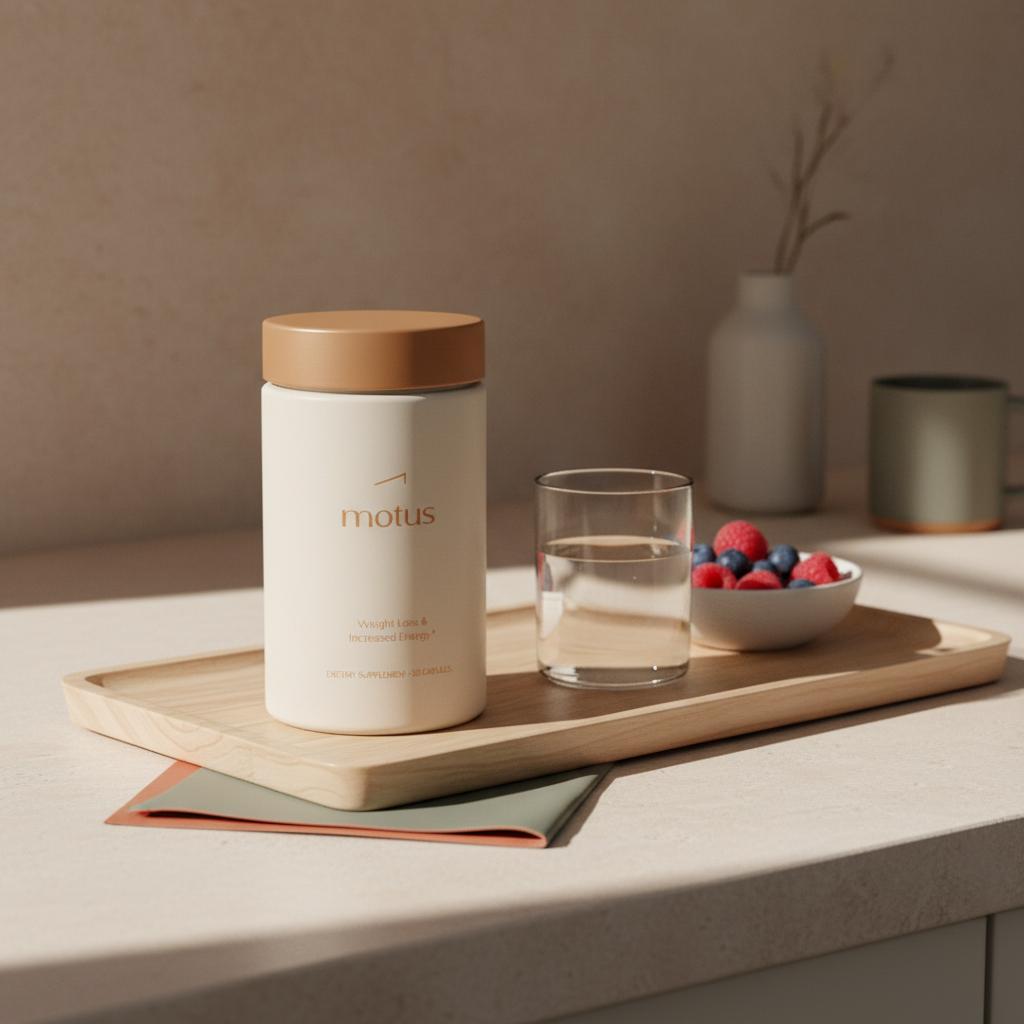 Tonum Motus container on a minimalist kitchen counter beside a bowl of mixed berries and a glass of water in soft side light — Which vitamin reduces sugar levels?