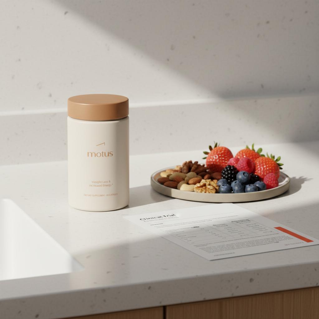 Tonum Motus container beside a plate of berries and a printed clinical trial summary on a minimalist kitchen counter, illustrating berberine weight loss support.
