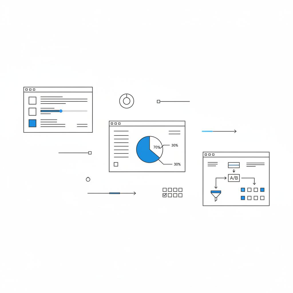 Minimalist 2D vector sketch: dashboard, budget sheet with a 70/30 marketing rule pie (blue #1a5bfb, gray #39383f), and an experiment brief on white