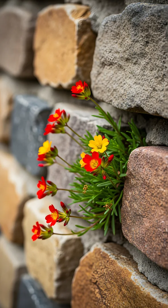 Tiny Red and Yellow Flowers Growing from Stone Wall Cracks