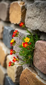 Tiny Red and Yellow Flowers Growing from Stone Wall Cracks