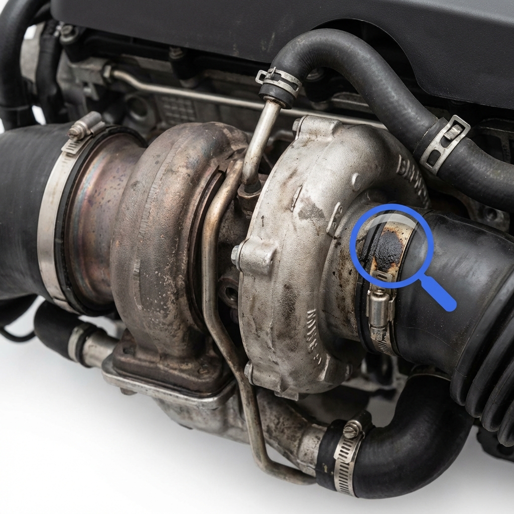Close up of used bmw x5 engine bay showing turbocharger hoses and magnifier highlighting oil residue with blue 3666ed accents on white ffffff background