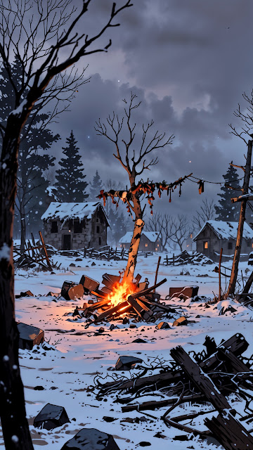 Bonfire in Snowy Village Under Stormy Sky - Free mobile Wallpaper