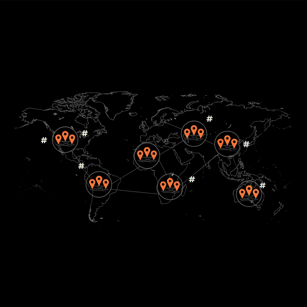 Minimal vector infographic map with clustered pins and hashtag icons visualizing geographic clustering for how many tweets to get trending