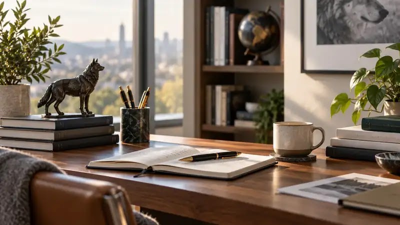 Editorial office with books, notebook, and a wolf sculpture
