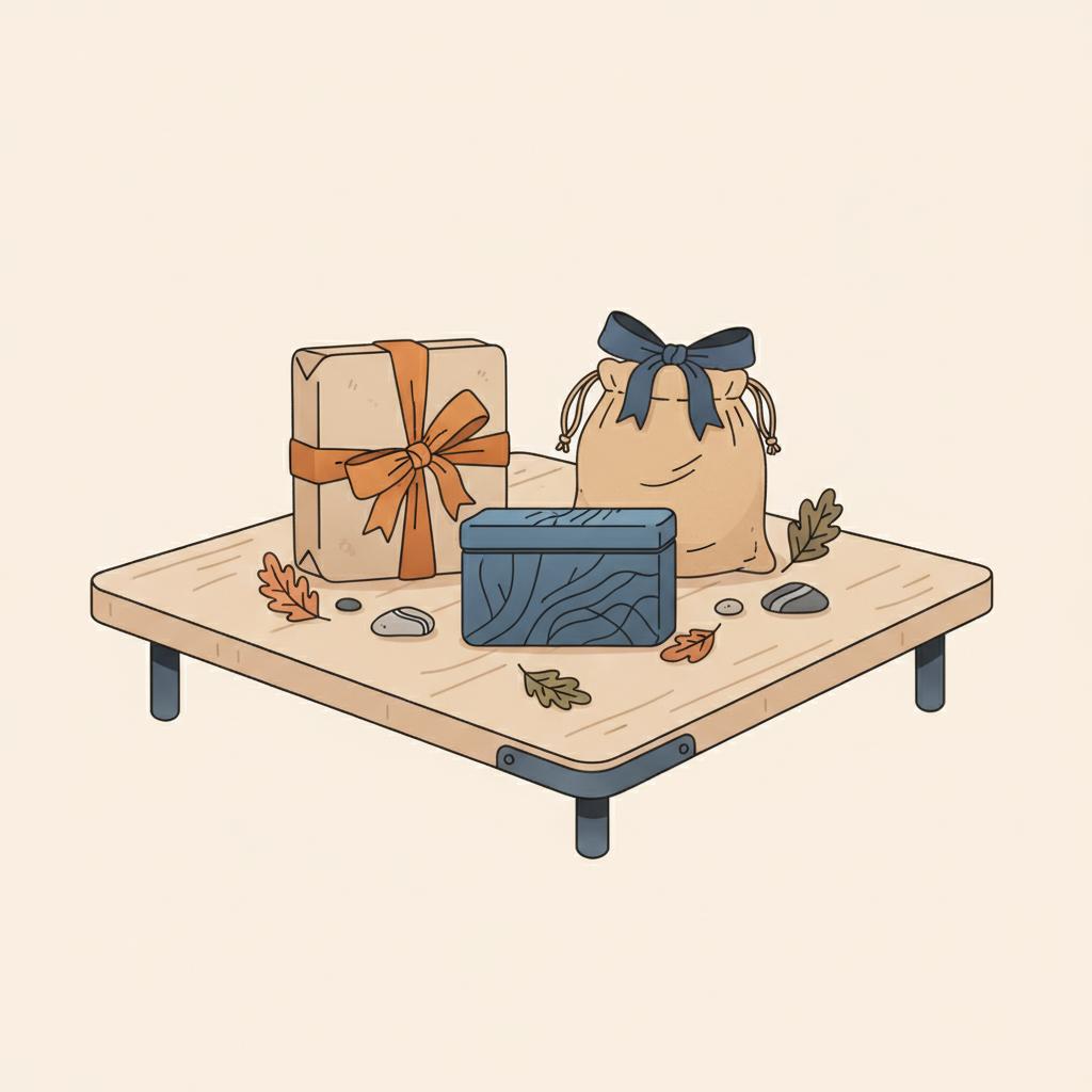 Nahaufnahme 2D-Vektor: wiederverwendete Geschenke auf Holztisch mit kleinem gravierten Metallgeschenk im Fokus, Brand-Farben #FAFAFF/#0044CC/#ff9800 — ostergeschenke zeitpunkt