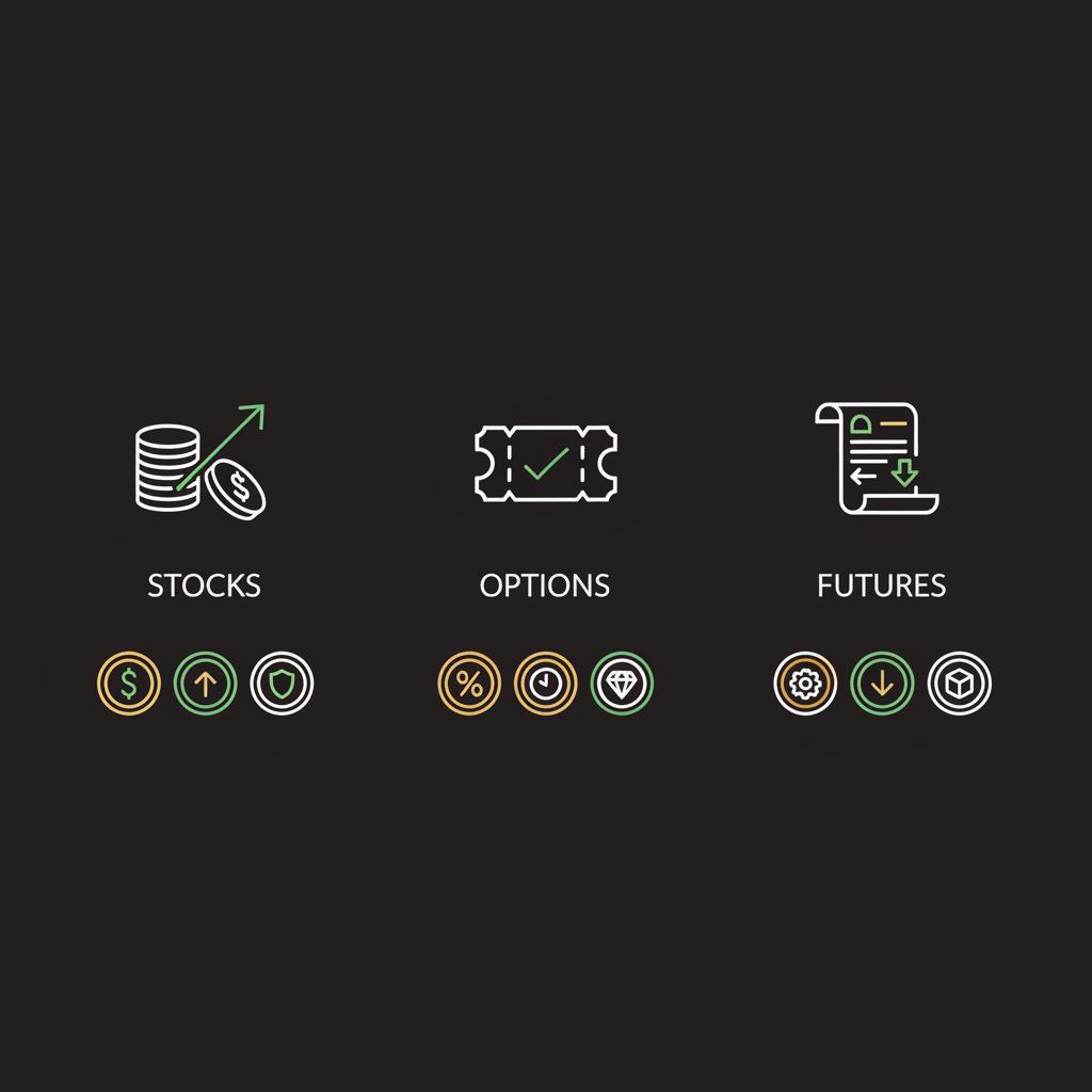 Minimalist 2D vector infographic comparing stocks options futures with icons for margin fees and capital considerations how to get started day trading