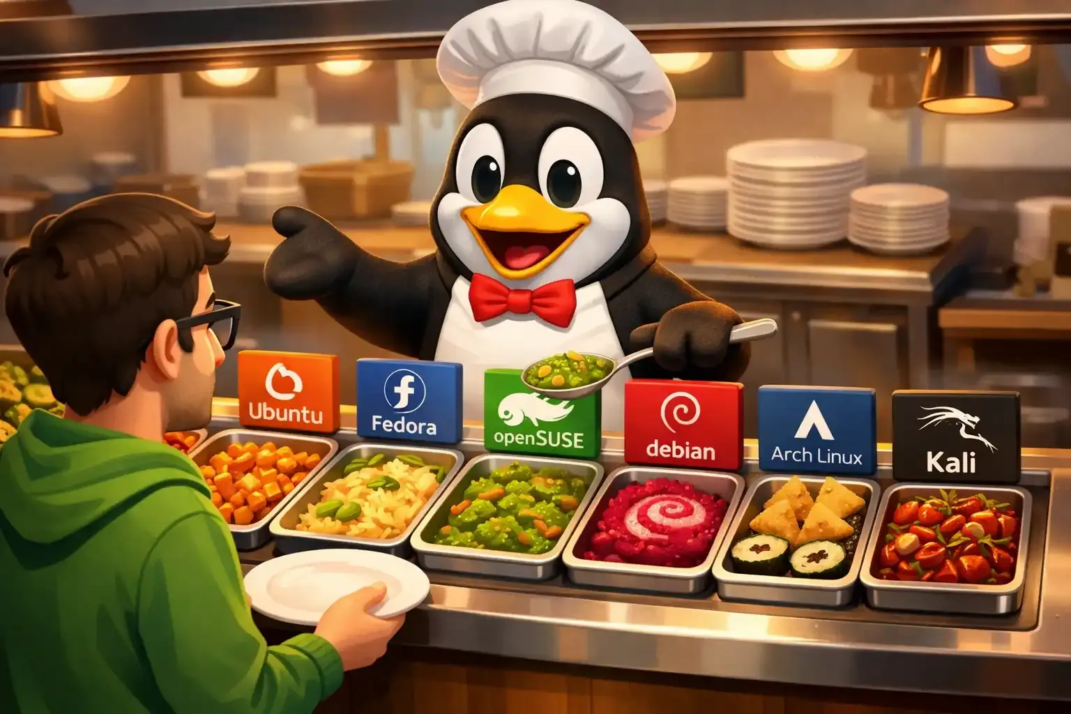Tux atiende a un usuario en su buffet. Los platillos son las distinas distribuciones de Linux.