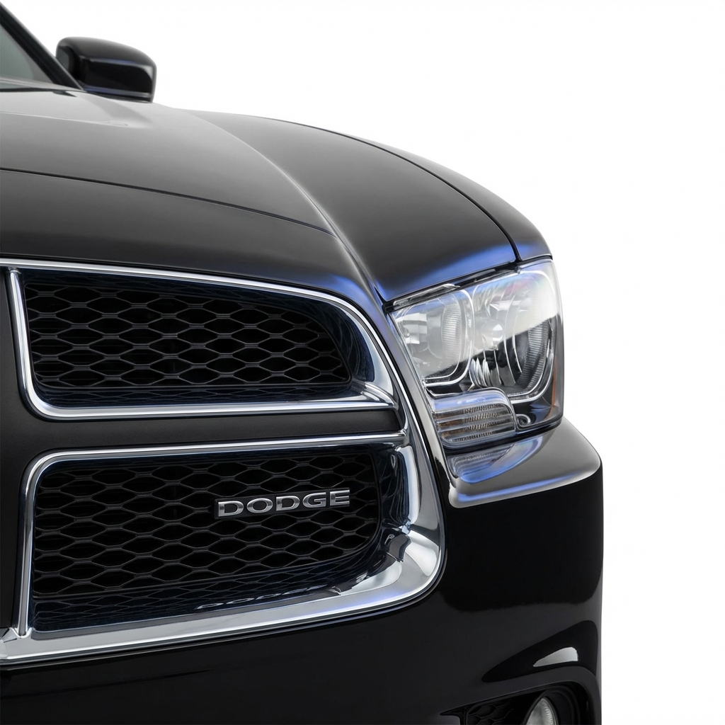 Close up studio photo of Dodge Charger front grille and headlight on pure white background minimalist composition dodge charger for sale no logos