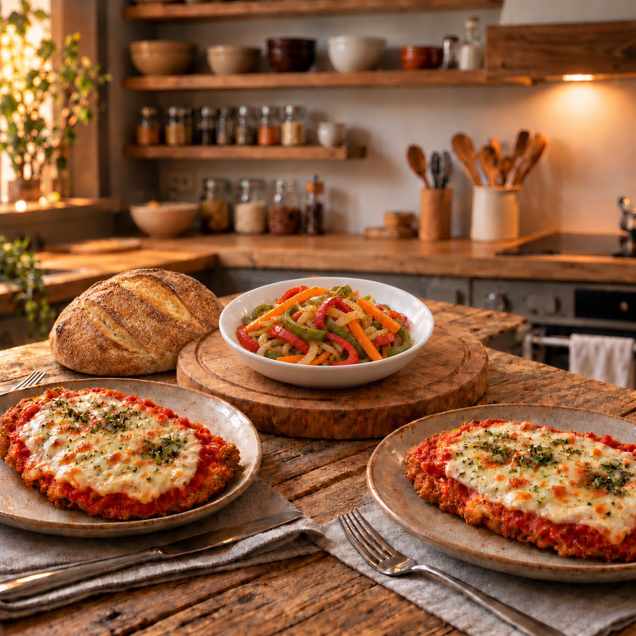 Supremas Napolitanas de Muslo con Mix de Vegetales Salteados y Pan Casero
